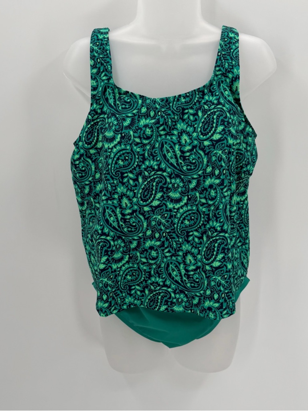 Lands End Swimsuit Women’s 12 D Green Navy Fauxkini Scoop Neck Modest 1 Pc